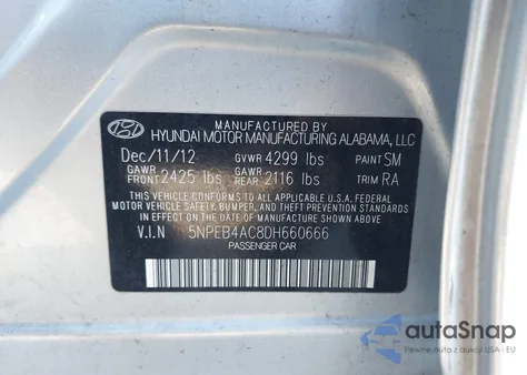 2013 Hyundai Sonata Gls z USA, uszkodzony, nr VIN 5NPEB4AC8DH660666